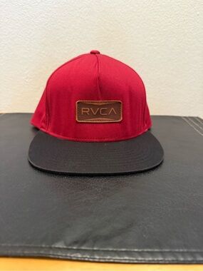 RVCA Red Crown Black Brim Snapback Hat with Leather Logo